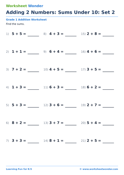Adding 2 Numbers: Sums Under 10: Set 2 - 10 pages