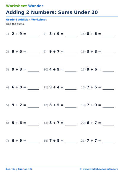 Adding 2 Numbers: Sums Under 20 - 10 pages