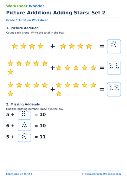 Picture Addition: Adding Stars: Set 2 - 10 pages