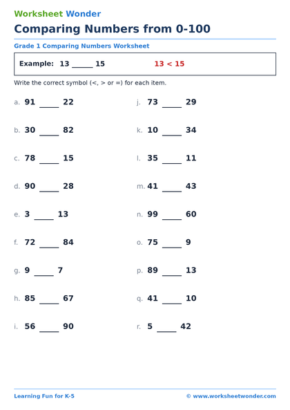 Comparing Numbers from 0-100 - 10 pages