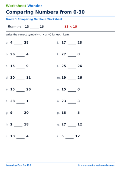 Comparing Numbers from 0-30 - 10 pages