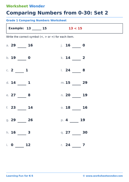 Comparing Numbers from 0-30: Set 2 - 10 pages