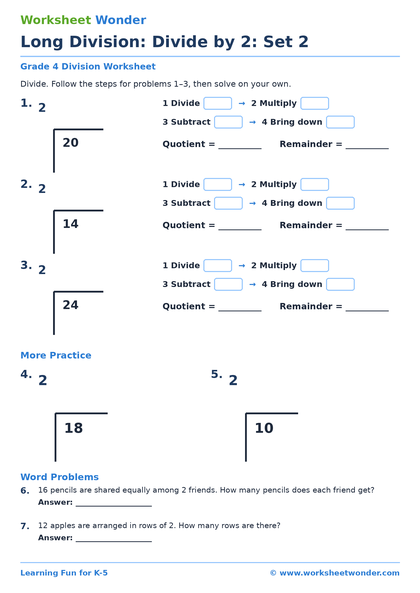 Long Division: Divide by 2: Set 2 - 10 pages