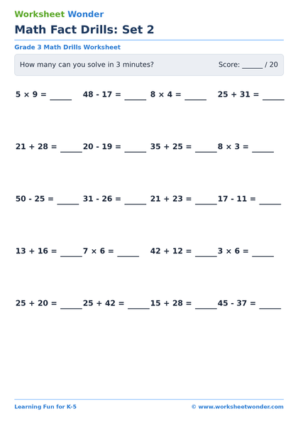 Math Fact Drills: Set 2 - 10 pages