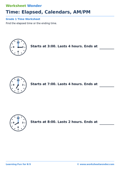 Time: Elapsed, Calendars, AM/PM - 10 pages