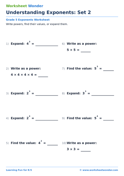 Understanding Exponents: Set 2 - 10 pages