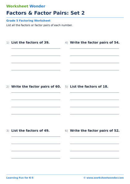Factors & Factor Pairs: Set 2 - 10 pages