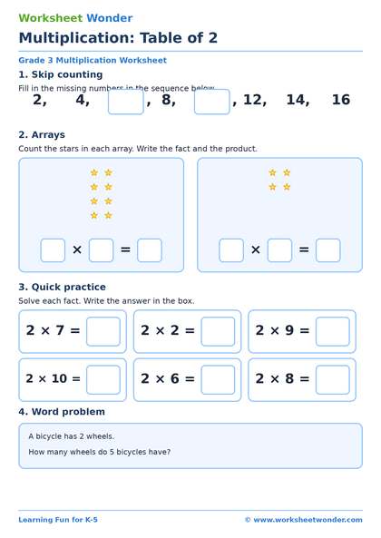 Multiplication Tables 2 to 10 - 10 pages