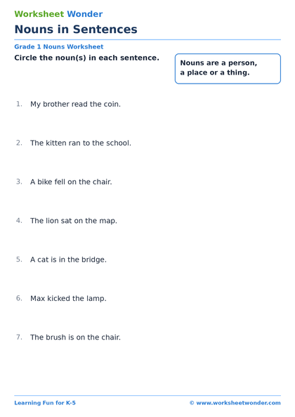 Nouns in Sentences: Set 2 - 10 pages