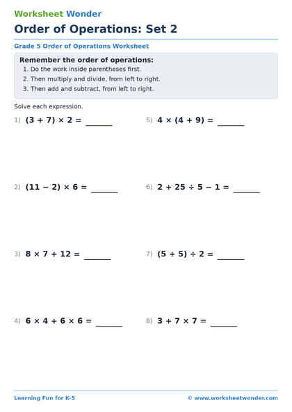Order of Operations: Set 2 - 10 pages
