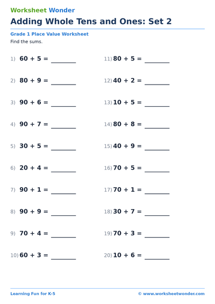 Adding Whole Tens and Ones: Set 2 - 10 pages