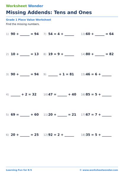 Missing Addends: Tens and Ones - 10 pages