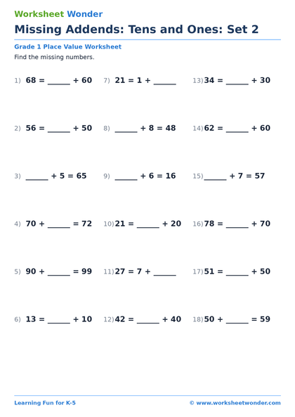Missing Addends: Tens and Ones: Set 2 - 10 pages