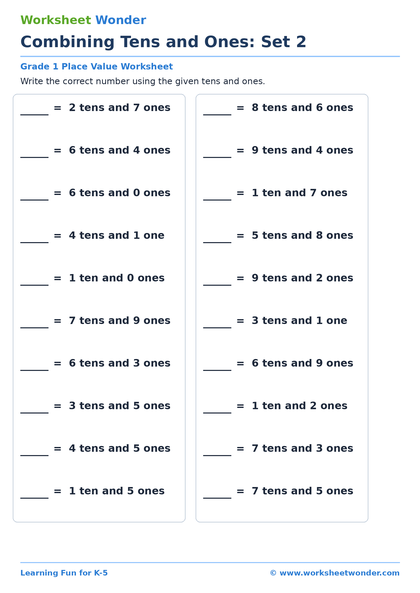 Combining Tens and Ones: Set 2 - 10 pages