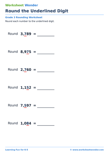 Round the Underlined Digit - 10 pages