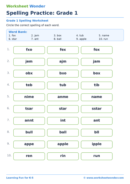 Spelling Practice: Grade 1 - 10 pages