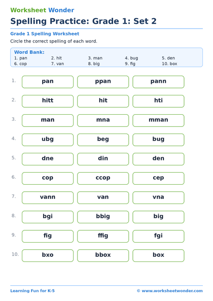 Spelling Practice: Grade 1: Set 2 - 10 pages