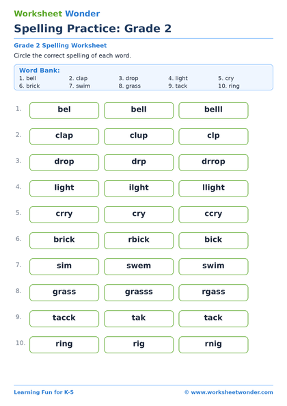 Spelling Practice: Grade 2 - 10 pages