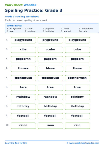 Spelling Practice: Grade 3 - 10 pages
