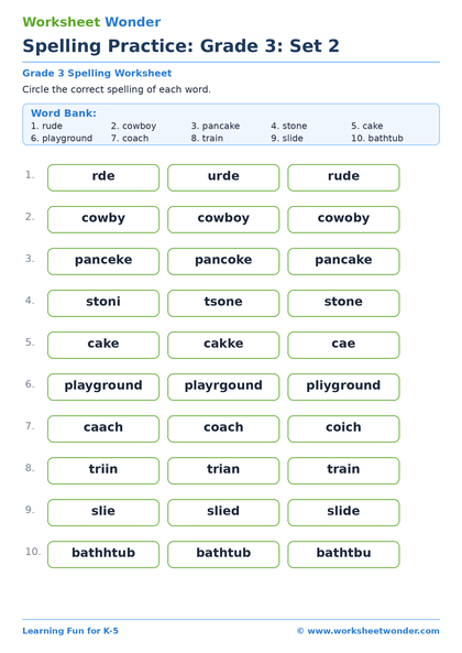 Spelling Practice: Grade 3: Set 2 - 10 pages