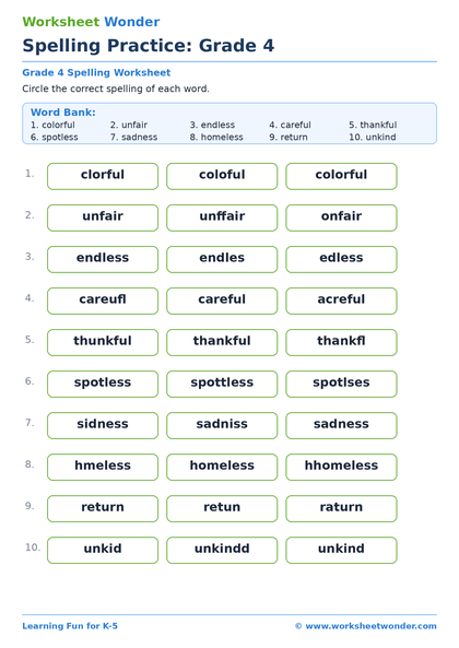 Spelling Practice: Grade 4 - 10 pages