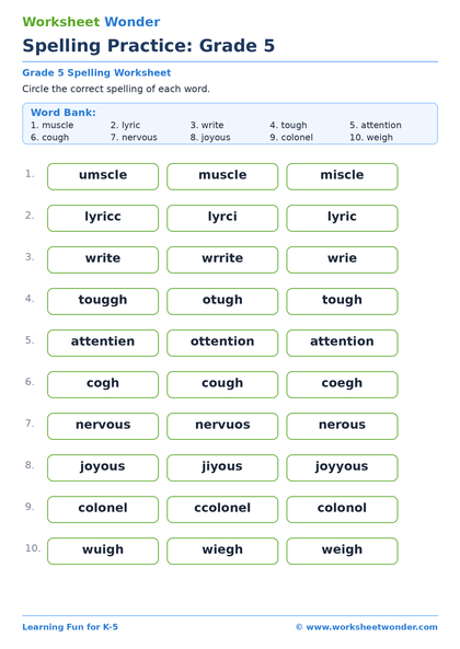 Spelling Practice: Grade 5: Set 2 - 10 pages