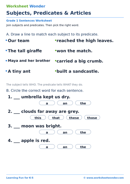 Subjects, Predicates & Articles - 10 pages