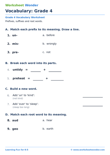 Vocabulary: Grade 4 - 10 pages