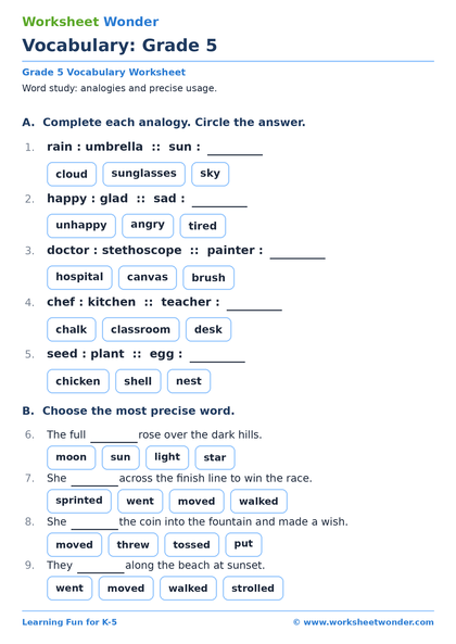 Vocabulary: Grade 5 - 10 pages