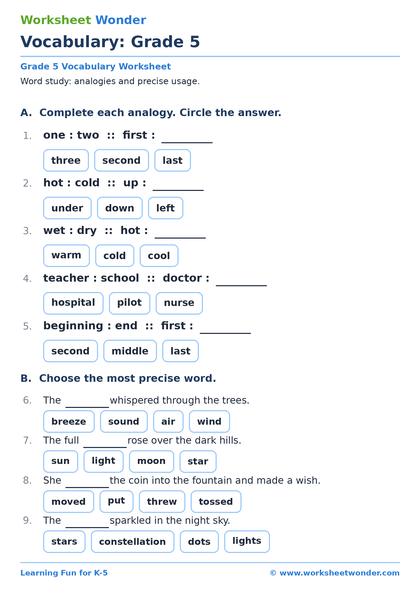 Vocabulary: Grade 5: Set 2 - 10 pages